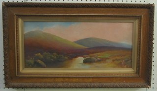 19th Century oil painting on board "Moorland Scene with River" 7" x 17" contained in a gilt frame