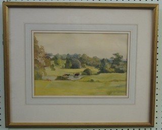 A watercolour drawing "Watering Cattle in Park Land" 8" x 11 1/2"