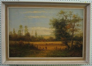 W Byron, 19th Century oil painting on canvas "Figures in Cornfield with Cottage and Trees in Distance" 16" x 24" (some crackling and light hole)