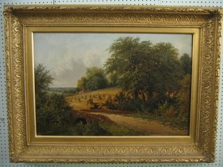19th Century oil on canvas "Rural Scene with Lane and Figures Hay Making, Cottage in Distance" 19" x 29", in a decorative gilt frame