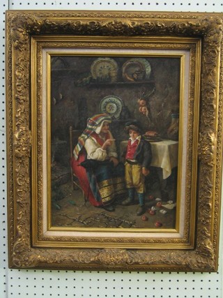 20th Century Continental oil on board "Elderly Lady in Kitchen with Child" 16" x 11 1/2" contained in a decorative gilt frame