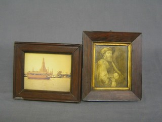 A 19th Century coloured print contained in a rosewood frame 5" x 3" and a colour photograph of a Japanese river scene (2)