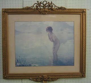 After Paul Chebas, a coloured print "Standing Nude Girl in Lake" contained in a very decorative gilt frame 20" x 27"