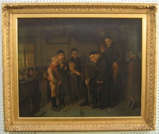 After J Hiddeman, a coloured print "School Scene with Figures 24" x 28" in a decorative gilt frame