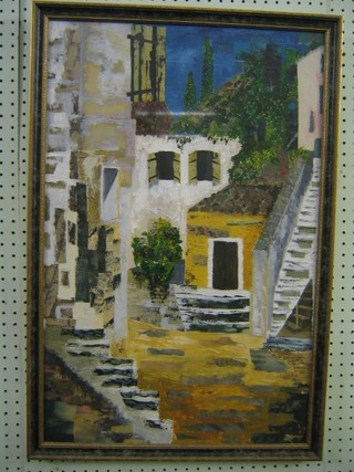 A modernist oil on paper and collage of a Greek House 27" x 17"