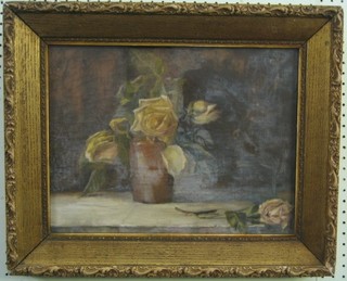 19th Century oil on canvas, still life study, "Vase of Roses" 12" x 16"