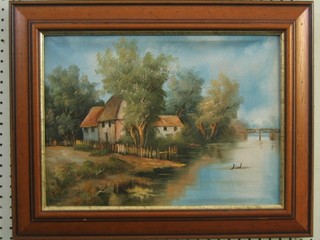 20th Century Continental oil on canvas "Building with River in Distance" 12" x 16"