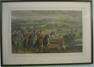 A coloured print "Mediaeval Falconry Expedition" 18" x 31"  contained in a Hogarth frame