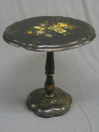 A Victorian oval papier mache snap top occasional table the top painted flowers, raised on a turned column with circular base, 26", (the top with light scratching and light chewed around the edges)