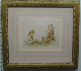Edith Scannel, watercolour "Two Children Playing" signed 4" x 6"
