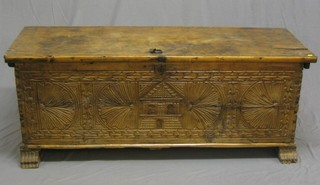 A 17th Century well weathered elm coffer of plank construction 58" (old worm and missing a 9" section of timber to the lid)