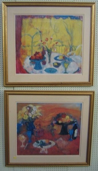 Ann Oram, pair of limited edition coloured prints "Red Still Life with Fruit and Flowers" and "Mimosa Lunch Southern France" complete with Corrymalla Scott graphics certificates, signed by the artist, 20" x 24"