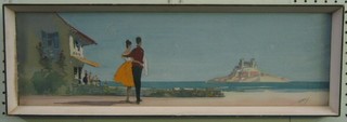 Barny, 1950's watercolour "Strolling Couple by a Cafe with St. Michael's Mount in Distance" 7" x 22"