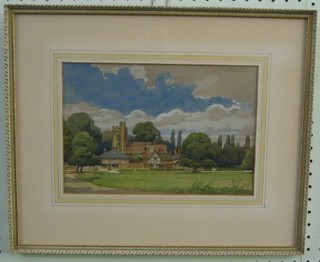 Norman T Stephenson, watercolour "Village Green with Cottages and Church" 7" x 11"