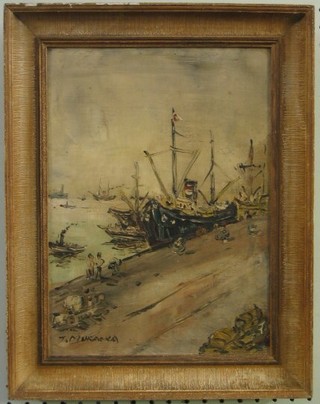 Muraoka, Continental impressionist oil on canvas "Docks with Tugs and Figures" 13" x 9"