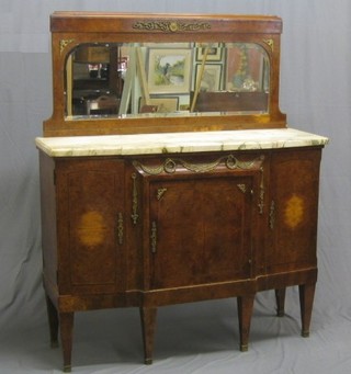 A  19th/20th Century French chiffonier with raised mirrored back and white veined marble top, fitted 1 long drawer above a cupboard, flanked by a pair of cupboards on square tapering supports ending in brass caps 53"