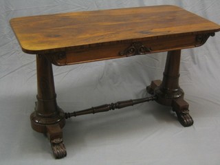 A William IV mahogany library table fitted 2 drawers raised on turned columns with H framed stretcher 48"