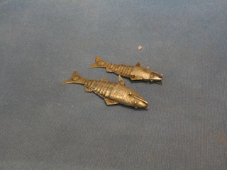 2 Eastern silver trinket boxes in the form of articulated fish, 4" and 3"