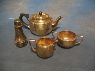 An Art Deco silver plated 3 piece tea service with teapot, cream jug, twin handled sugar bowl and a pepper pot