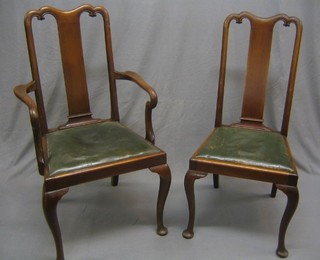 A set of 8 Queen Anne style mahogany splat back dining chairs with upholstered drop in seats (2 carvers, 6 standard)