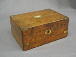 A Victorian rectangular walnut writing slope with hinged lid and brass banding 12" (missing plaque to centre of lid)