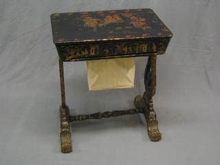 A Regency papier mache rectangular shaped work table, with chinoiserie decoration, the hinged lid revealing a  well fitted interior and with deep basket, raised on standard end supports with H framed stretcher and scrolled feet, 25"