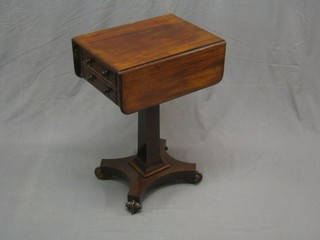 A William IV mahogany drop flap work table fitted 2 drawers and raised on a square column with triform base and scrolled feet 19"