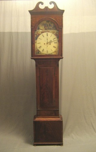 An 18th Century 8 day striking longcase clock, the 14 1/2" arched dial painted Byrnes at the Plough, the spandrels painted England, Wales, Ireland and Scotland with subsidiary second hand and calendar indicator, contained in a mahogany case 78"