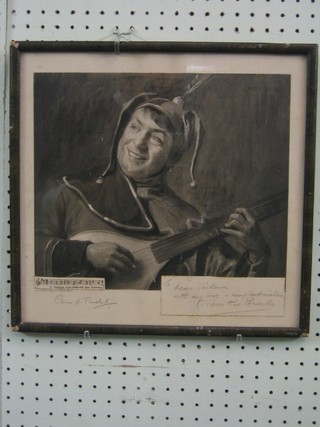 A signed print of Charles A Buchel  dressed as a Minstrel with mandolin, signed in the margin 11" x 12 1/2", together with an address "My Stage Memoirs" by Courtice Pound 