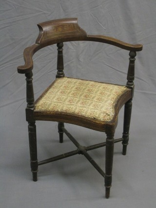 An Edwardian inlaid mahogany corner chair (some scratching)