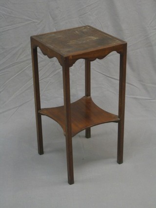 A 19th Century square mahogany 2 tier urn table, raised on square supports 13"