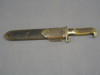 A German Third Reich RAD Nazi Mans dagger, the 9 1/2" blade marked Carljul Krers Solingen and etched Urbeit adelt, with horn grip and metal scabbard  (removed from local house clearance)