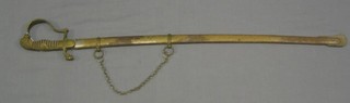 A 19th/20th Century sword with 31" blade etched trophies contained in a metal scabbard