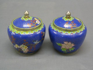 A pair of 19th Century blue ground Cloisonne jars and covers 5"