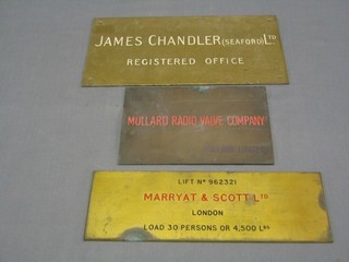 A brass door plate James Chandler Seaford Ltd, The Mallard Radio Valve Company Mallard Ltd and  Marryat & Scott Ltd