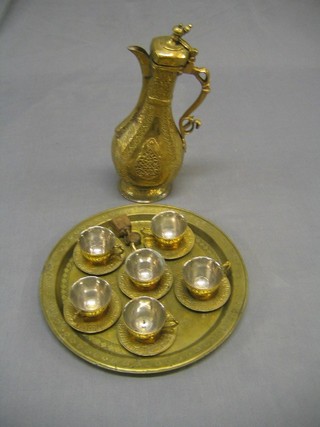 A Turkish coffee pot, a circular tray and 6 coffee cups and saucers, side handled cream jug and a collection of weights and fire irons etc