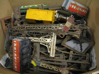 A tin plate clock work model of a British Railways double headed diesel locomotive, a Hornby sand truck (f), 2 small tin plate railway carriages and tender and a collection of various rails, signals and a 1960's black doll