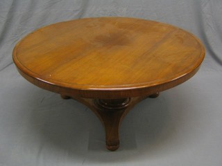 A circular Victorian snap top breakfast table, raised on chamfered column with triform base, 41" (reduced in height)