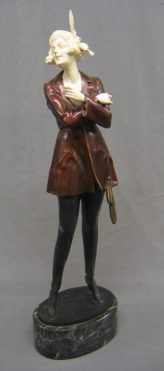 "Bruno Zach",  an Art Deco Austrian bronze and ivory figure of a standing lady smoking a cigarette with ribbon in hair (ribbon f), raised on a marble base, marked Made in Austria and bears signature, 29" high