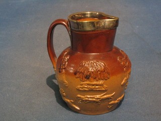 A salt glazed hunting jug with silver plated rim 6"