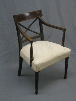 A 19th Century mahogany bar back desk chair with X framed back and upholstered seat, raised on turned supports