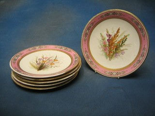 A set of 5 Victorian Royal Worcester plates with puce and gilt banding and floral decoration to the centre, the base with purple Royal Worcester mark, marked 74 (1 cracked, banding rubbed)