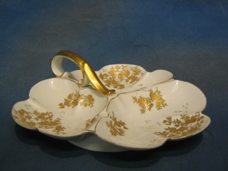 A Continental porcelain 3 section hors d'eouvres dish with gilt floral decoration