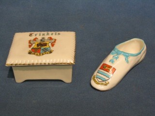 A Goss crested porcelain model of a shoe (first worn by Princess Victoria later HM Queen) decorated the arms of Lyme Regis and a Carlton crested trinket box decorated arms of Earby