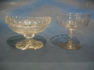 A 19th Century style cut glass boat shaped dish  raised on a circular spreading foot 7", together with a circular glass Sundae dish
