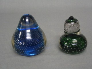 A blue glass paperweight in the form of a pear (stalk f) and a green glass ditto 4"