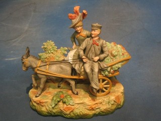 A 19th Century biscuit porcelain figure group of lady and gentleman in donkey cart (lady's head f and r) 10"