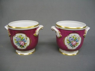 A pair of 20th Century Portuguese twin handled chassepot with red borders, gilt banding and floral decoration 7"