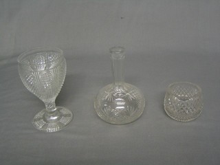 A Victorian pressed glass goblet, a cut glass decanter (no stopper) and a Victorian cut glass bowl