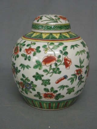 A 19th Century Oriental famille vert ginger jar and cover 8" (crack to lid)